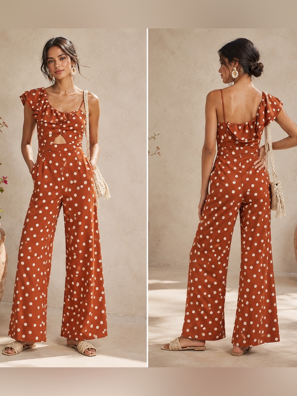 Maeve Anthropologie One Shoulder Polka Dotโ Jumpsuit 10P Bronze NWT